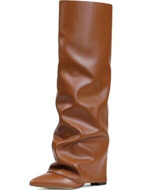 Women's Brown PU Slouchy Knee High Boots Black Pointed Toe Fold Over Chunky